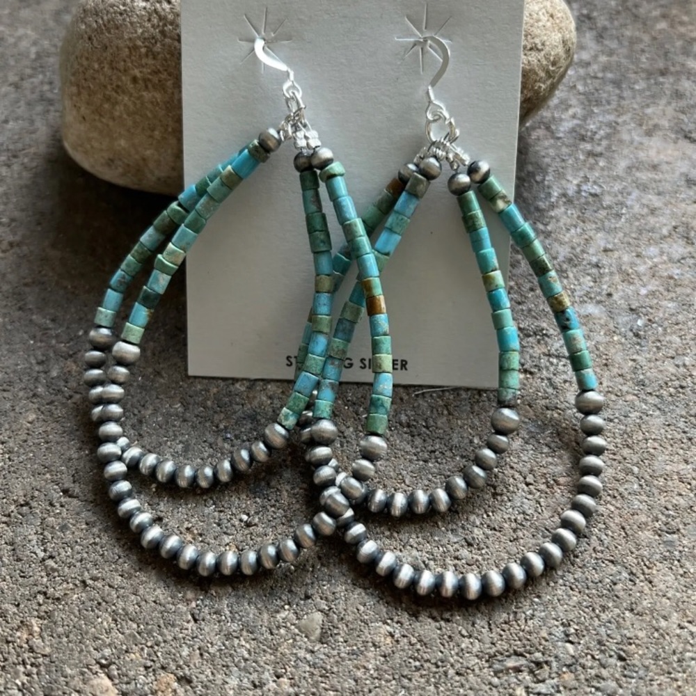 Sterling Silver Double Loop Turquoise Pearls Earr… - image 4